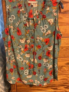 Daniel Rainn Teal Floral Tie-Neck Sleeveless Camisole with Red Blooms